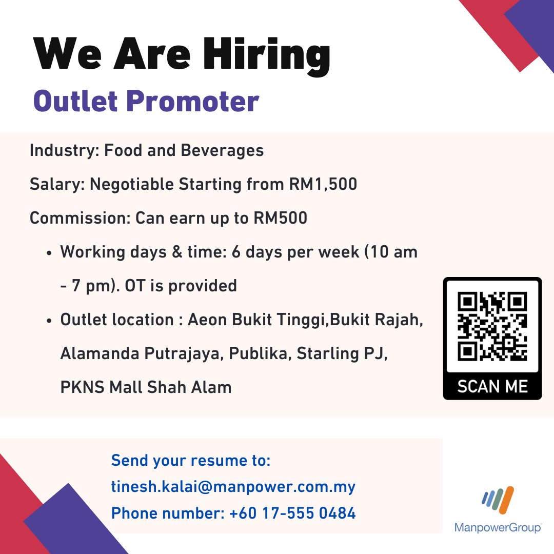 ManpowerMY's tweet photo. Outlet Promoter

Working location: Aeon Bukit Tinggi, Bukit Rajah, Alamanda Putrajaya, Publika, Starling PJ, PKNS Mall Shah Alam

Contact Tinesh for more info: https://t.co/cnHl41G3Lj

#kerjakosong #kualalumpur #selangor #promoter https://t.co/ShzFVn8Qxy