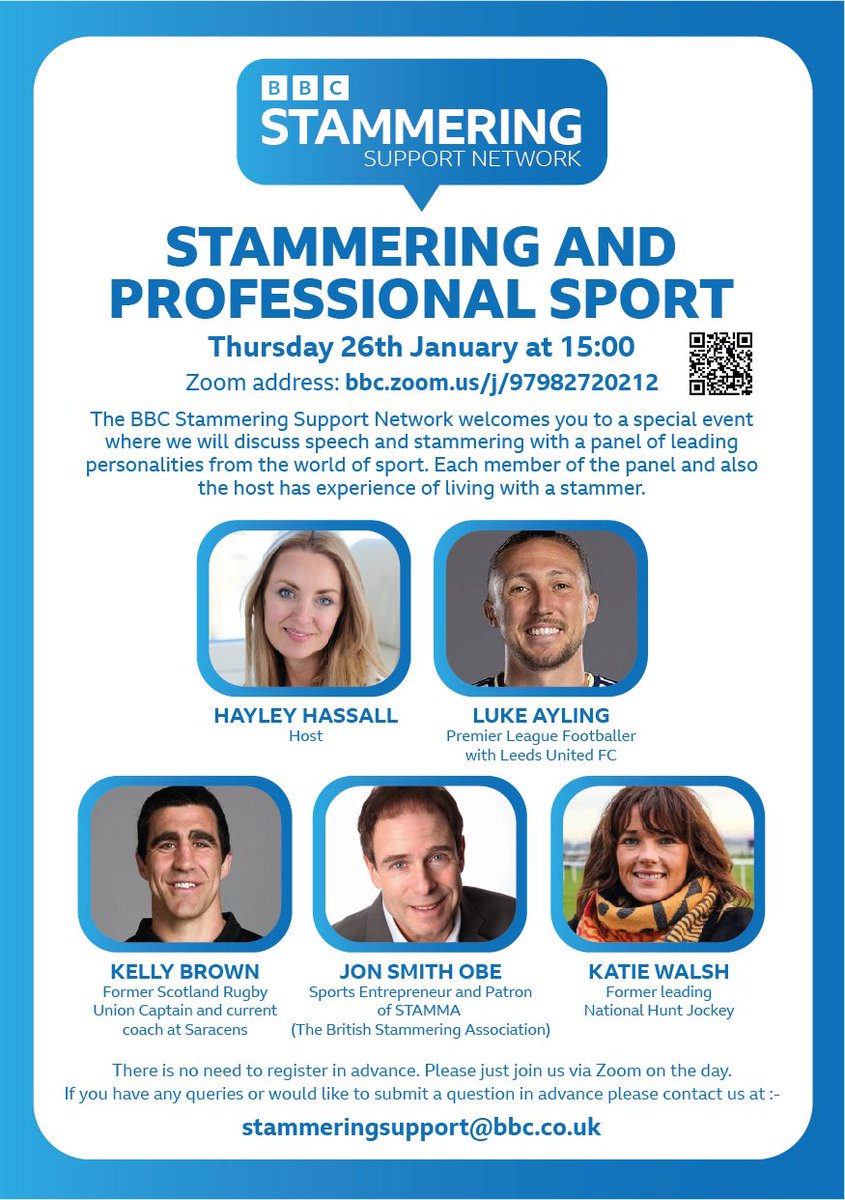 Join us today at 3pm on zoom:97982720212 to talk about stammering in work and in sport. #stammeringsupportnetwork <a href="/bbcpress/">BBC Press Office</a> @bbc