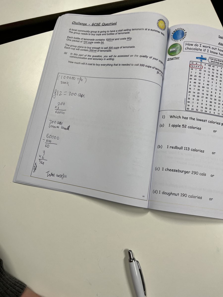 Year 7 using their Numeracy skills to convert units of capacity and solve problems in 'I'm Healthy and I Know It!'.  A range of methods being used.  Da iawn. <a href="/CCYD_Maths/">CCYD Maths</a> <a href="/CCYD_school/">CCYD</a> #curriculumforwales