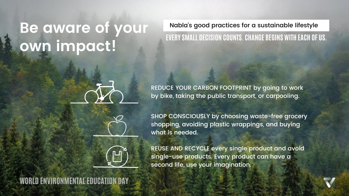 Today, we want to remind you that every small decision counts. From the #nablacommunity we want to share with you some #sustainablelifestyles we try to apply in our everyday life to help you live more #environmentallyfriendly and #sustainable.🌿

#worldenvironmentaleducationday🌍