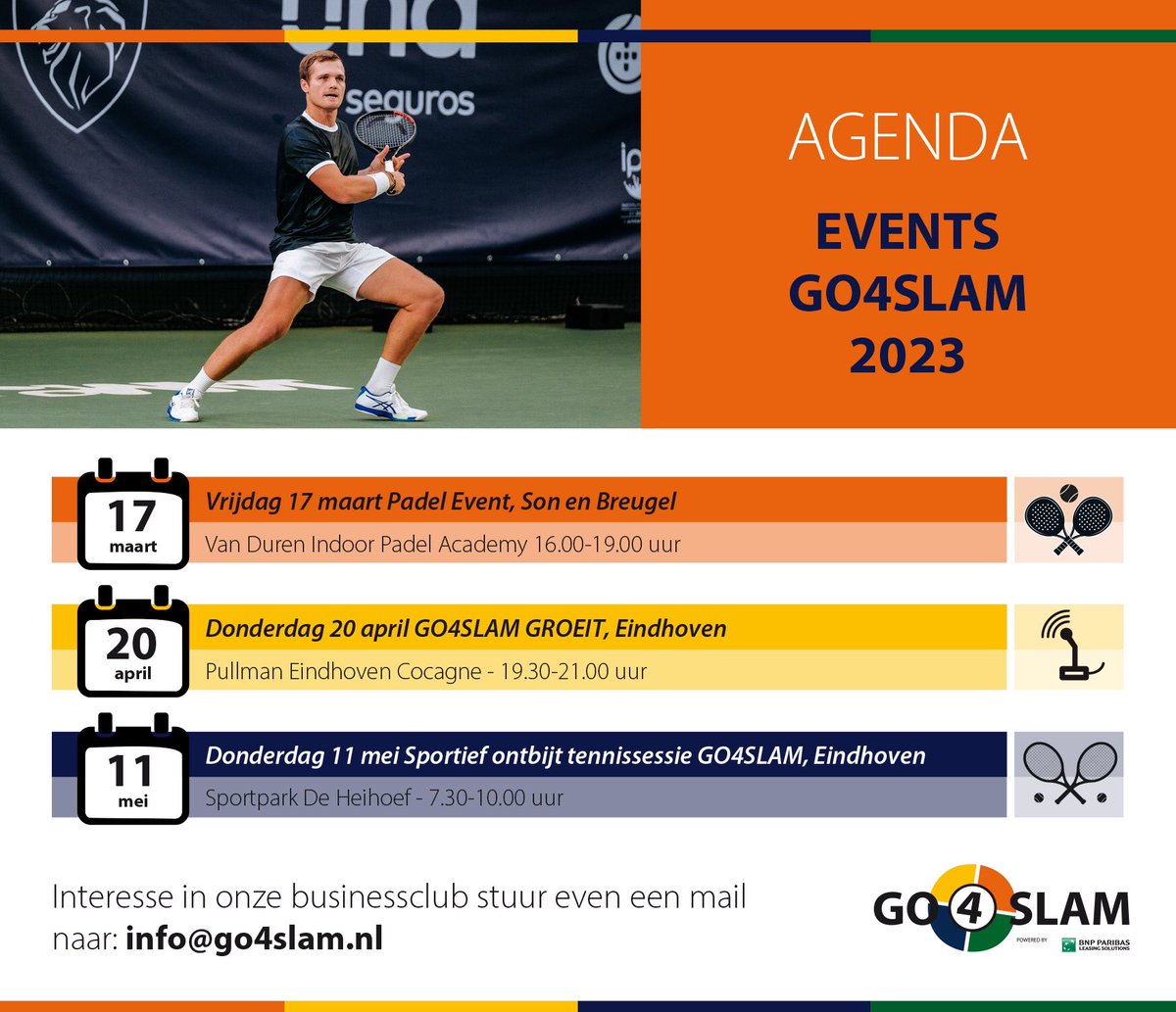Het GO4SLAM Evenementen pakket is bekend. Sportief ondernemen? Ondernemers ontmoeten? Te midden van het midden - en kleinbedrijf sportief bezig zijn? Sluit je aan! Waarbij je direct ook talentontwikkeling ondersteunt!
Voor meer info ga naar go4slam.nl
