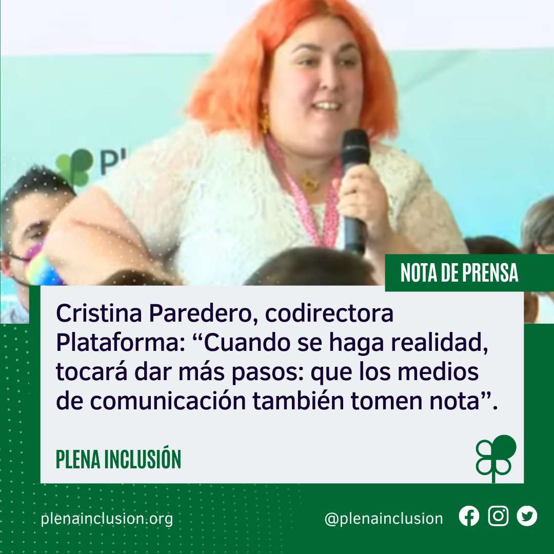 NOTA DE PRENSA | La Plataforma estatal celebra el principio de acuerdo que podría cambiar la palabra “disminuidos” de la #Constitución

⚡️Cristina Paredero, codirectora: “Cuando se haga realidad, tocará dar más pasos: que los medios tomen nota”

⬇️Enlace
plenainclusion.org/noticias/la-pl…