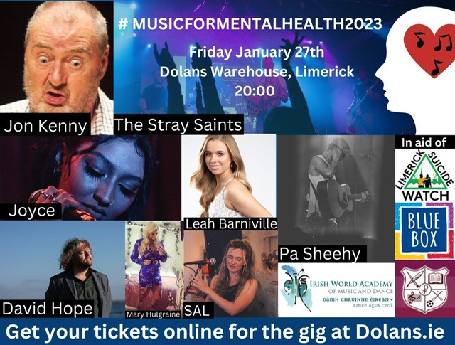Last tickets available for #MusicForMentalHealth at <a href="/mydolans/">Dolans Limerick</a> tomorrow Friday 27th.
<a href="/pasheehy/">Pa Sheehy</a> <a href="/JonKennyActor/">Jon Kenny</a> <a href="/LeahBarniville/">Leah Barniville</a> @joycezacks <a href="/DavidPHope/">David Hope</a> <a href="/salmusic_ie/">SAL</a> <a href="/MaryHulgraine/">Mary Hulgraine</a> @drjamesring #StraySaints
@https://dolans.yapsody.com/event/index/754741/music-for-mental-health-2023