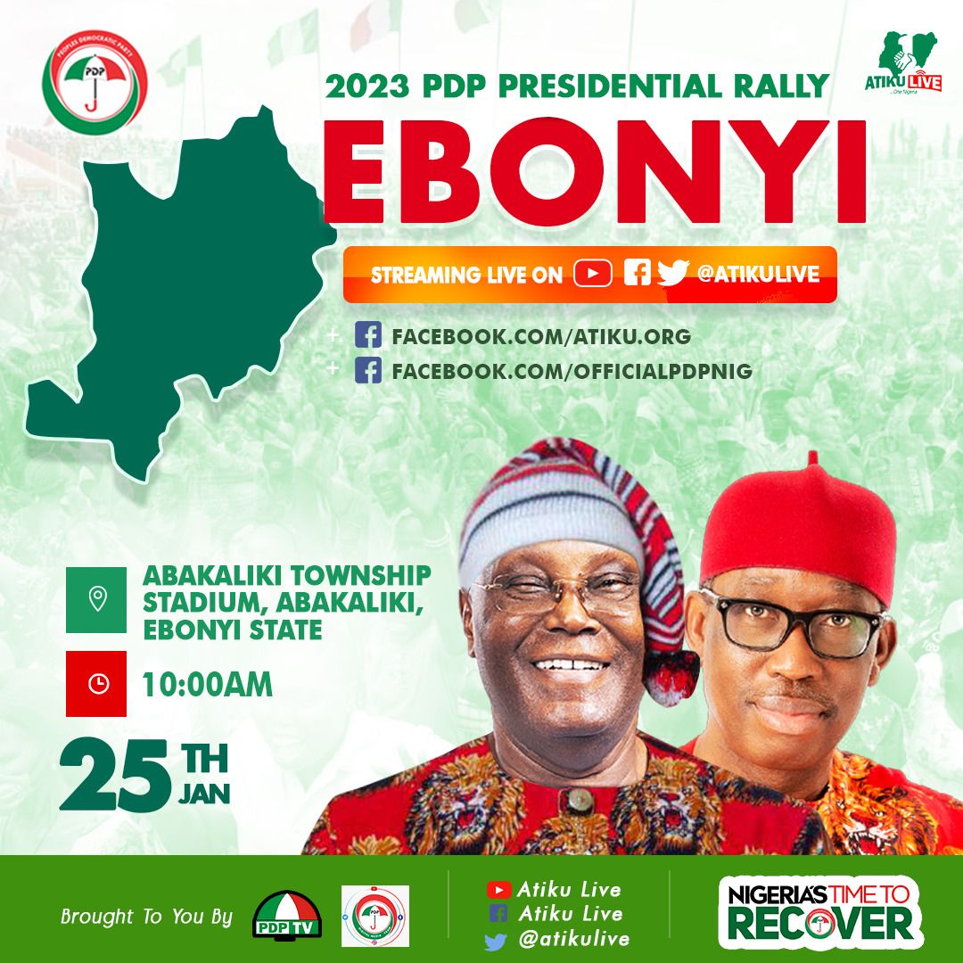 #AtikuOkowa2023:
#GettingReady Coming to you Live from the Ebonyi Township Stadium, venue of the PDP Presidential Campaign Rally, holding today in Abakaliki, Ebonyi State. Join us as we get ready to #RescueEbonyiWithPDP. #RescueNigeria