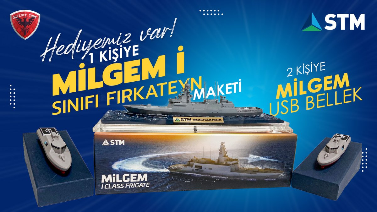 🛡️Hediyelerimiz Var!
🔸🇹🇷Cumhuriyetimizin 100.yılında mavi vatanda göreve başlayacak ilk milli fırkateynimiz İstanbul'un maketini hediye ediyoruz. 
🔹Bu gönderiyi RT ederek <a href="/STMDefence/">STM</a> hesabını takip eden 1 kişiye maket ve 2 kişiye USB bellek hediye ediyoruz.