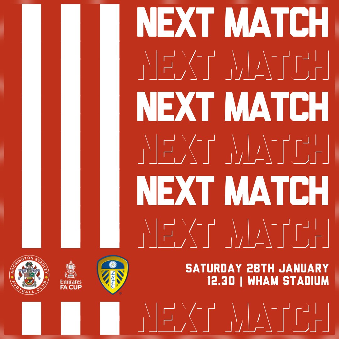 🎟️ Tickets for Saturday’s @EmiratesFACup fourth round tie against @LUFC will go on general sale at 10am this morning!

You can purchase your ticket from the retail shop or over the phone (01254 356950).

➡️ accringtonstanley.co.uk/news/2023/janu…