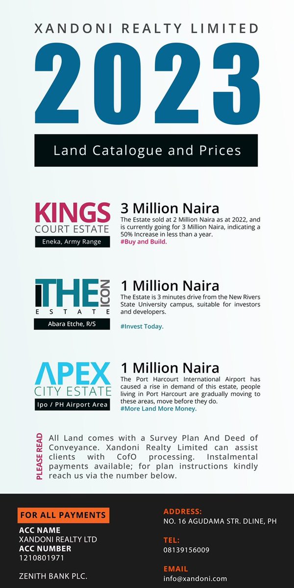Xandonireal's tweet photo. Good morning.
Hope we have all gotten our PVC?
Our current price list for each of our property.
Getting a property is beautiful, but imagine getting a property with value.
Own a property today with us. https://t.co/D65mGzxJWr