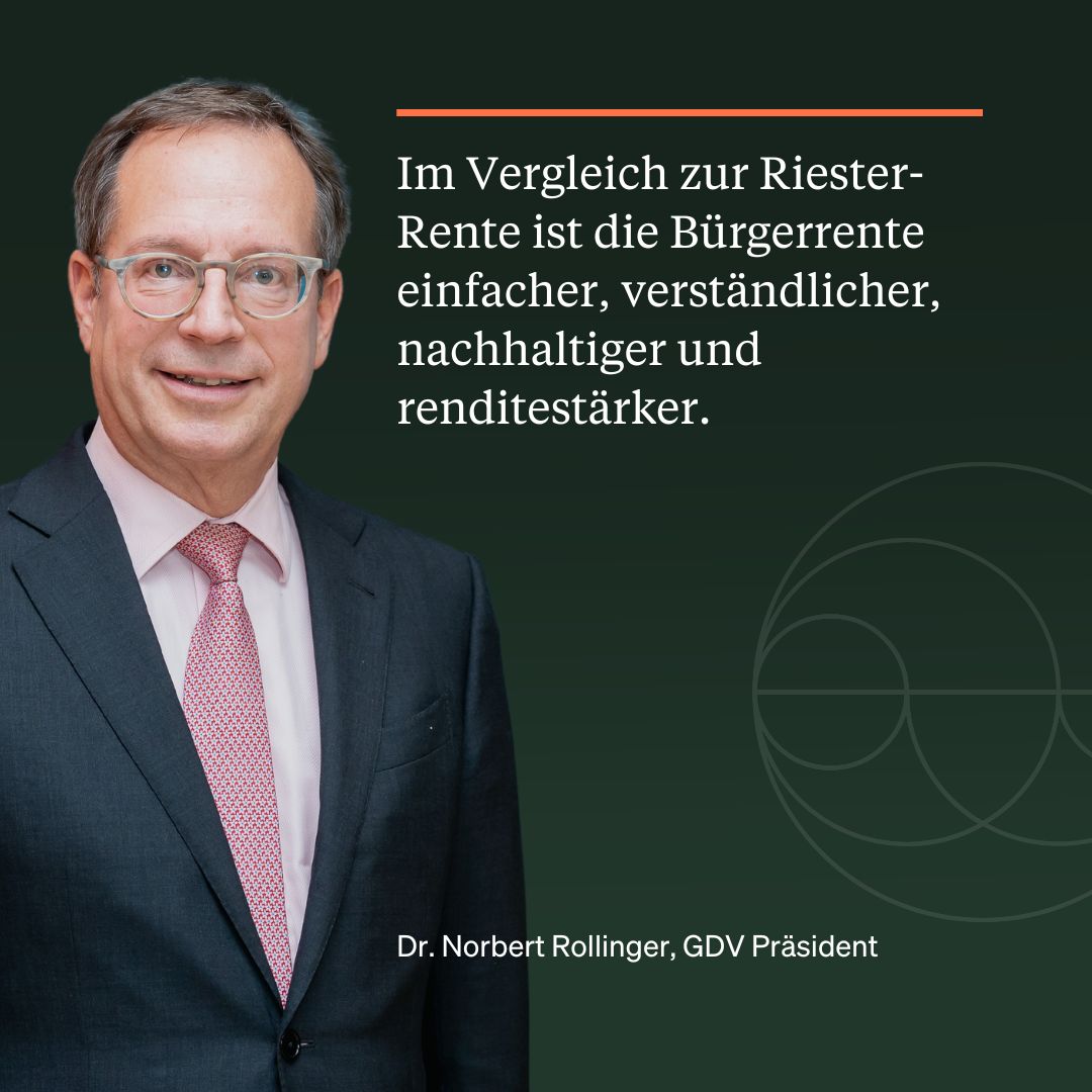 Die Versicherer <a href="/gdv_de/">GDV</a> haben Vorschläge für eine Reform der privaten geförderten Altersvorsorge vorgelegt: Die #Bürgerrente ist als standardisiertes Altersvorsorgeprodukt für breite Bevölkerungsgruppen mit unbürokratischer Förderung und nachgelagerter Besteuerung angelegt.