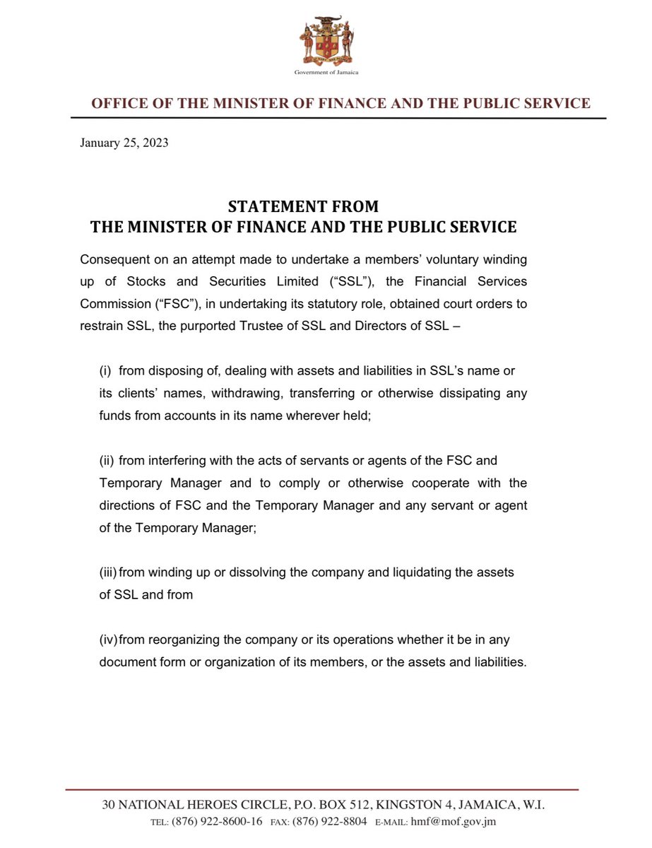 On Wednesday, the Financial Services Commission obtained a court injunction preventing purported efforts by the investment firm's board to wind up the business and liquidate its assets. The following is a statement from the Finance Minister: