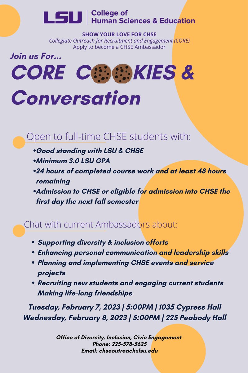 Interested in becoming a CHSE Ambassador? Join us February 7th and 8th for CORE Cookies and Conversation! We can't wait to meet you!🤩