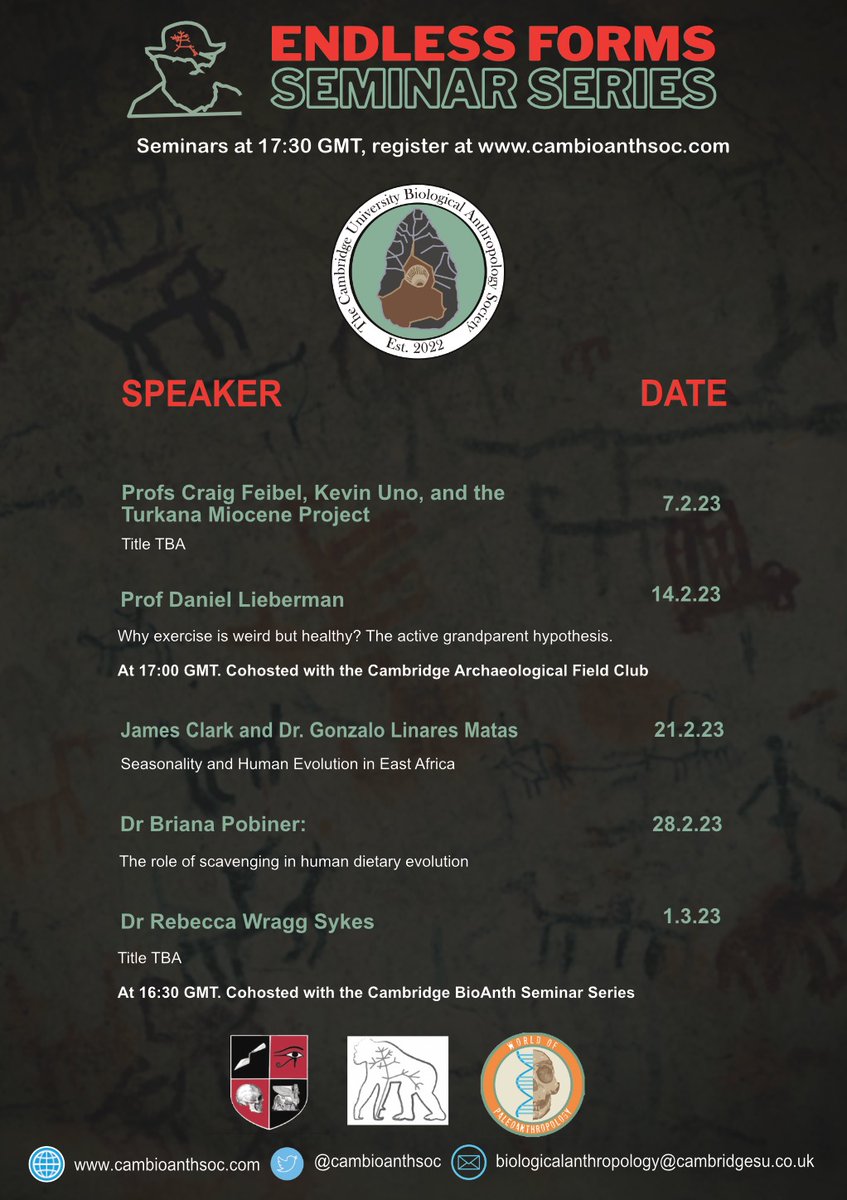 We are excited to announce the #EndlessFormsSeminarSeries speakers for the Lent 2023 term! We've teamed up with @TheArcFieldClub and @CamBioanth to feature more experts from across the field! Registration is open to anyone interested in BioAnth #SciComm 
cambioanthsoc.com/efss