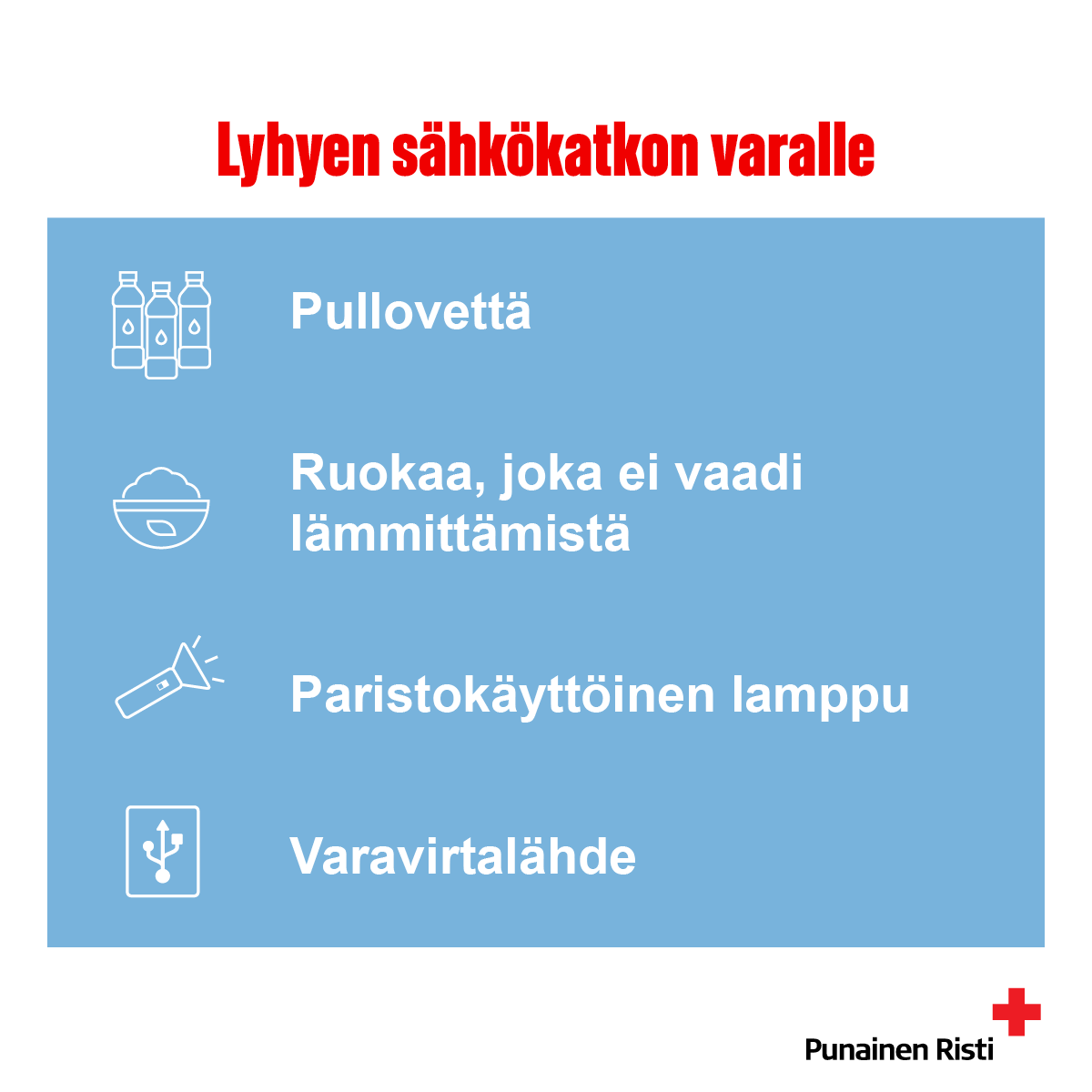 Mitä on hyvä huomioida lyhyen sähkökatkon varalta? ⚡ 

#PunainenRisti #talvi #valmius #sähkökatko