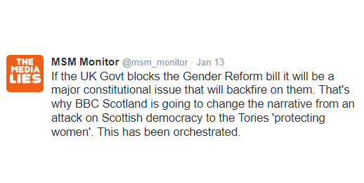Two weeks ago we warned people that BBC Scotland was on board with the Scottish Tories on the issue of the Gender Reform bill and would change the narrative away from the UK Govt veto onto 'protecting women'. That narrative change is happening right now.