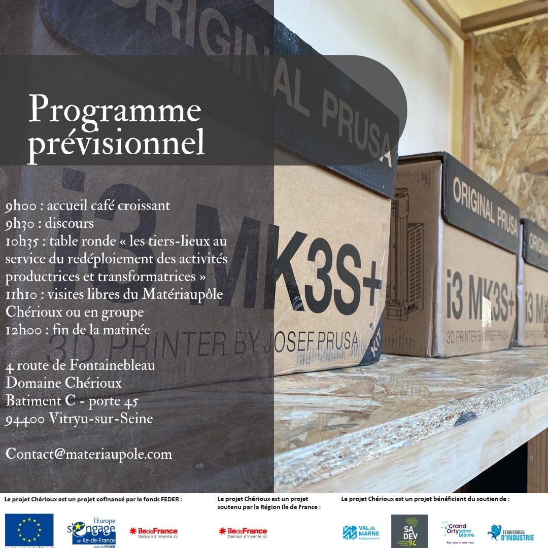 SAVE THE DATE !

INAUGURATION DE MATERIAUPÔLE CHERIOUX.
21 février de 9h00 à 12h00

Matériaupôle Chérioux c'est + 550m² avec 11 espaces de travail privatifs et sécurisés.+120m² d'ateliers partagés 

Inscription gratuite mais obligatoire : lnkd.in/euNjN4Wy