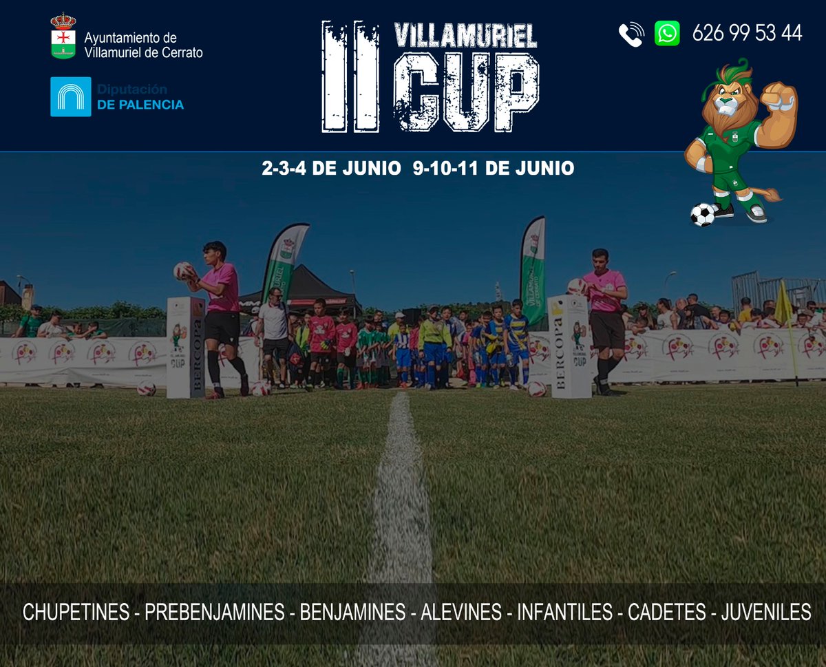 Ya tenemos fechas para la segunda edición del Torneo Villamuriel Cup.

Los dos primeros fines de semana de Junio ( 2,3,4 y 9,10,11 ) volveremos a disfrutar en el Rafael Vázquez Sedano de 94 equipos repartidos en todas las categorías de fútbol base. 

Villamuriel es Deporte💚⚽
