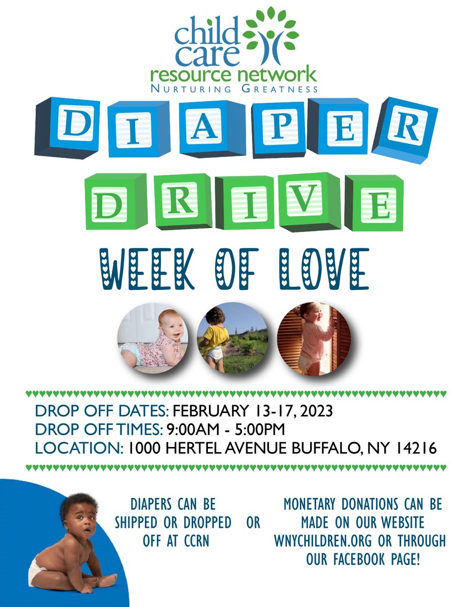 WNYChildren's tweet photo. CCRN will be hosting our Annual Diaper Drive for a full WEEK coming up next month: 2/13-2/17. 

Diapers can be dropped off or delivered to our office. 
Monetary donations will also be accepted through our website and Facebook! 😀 https://t.co/qufMzIZ2ZH