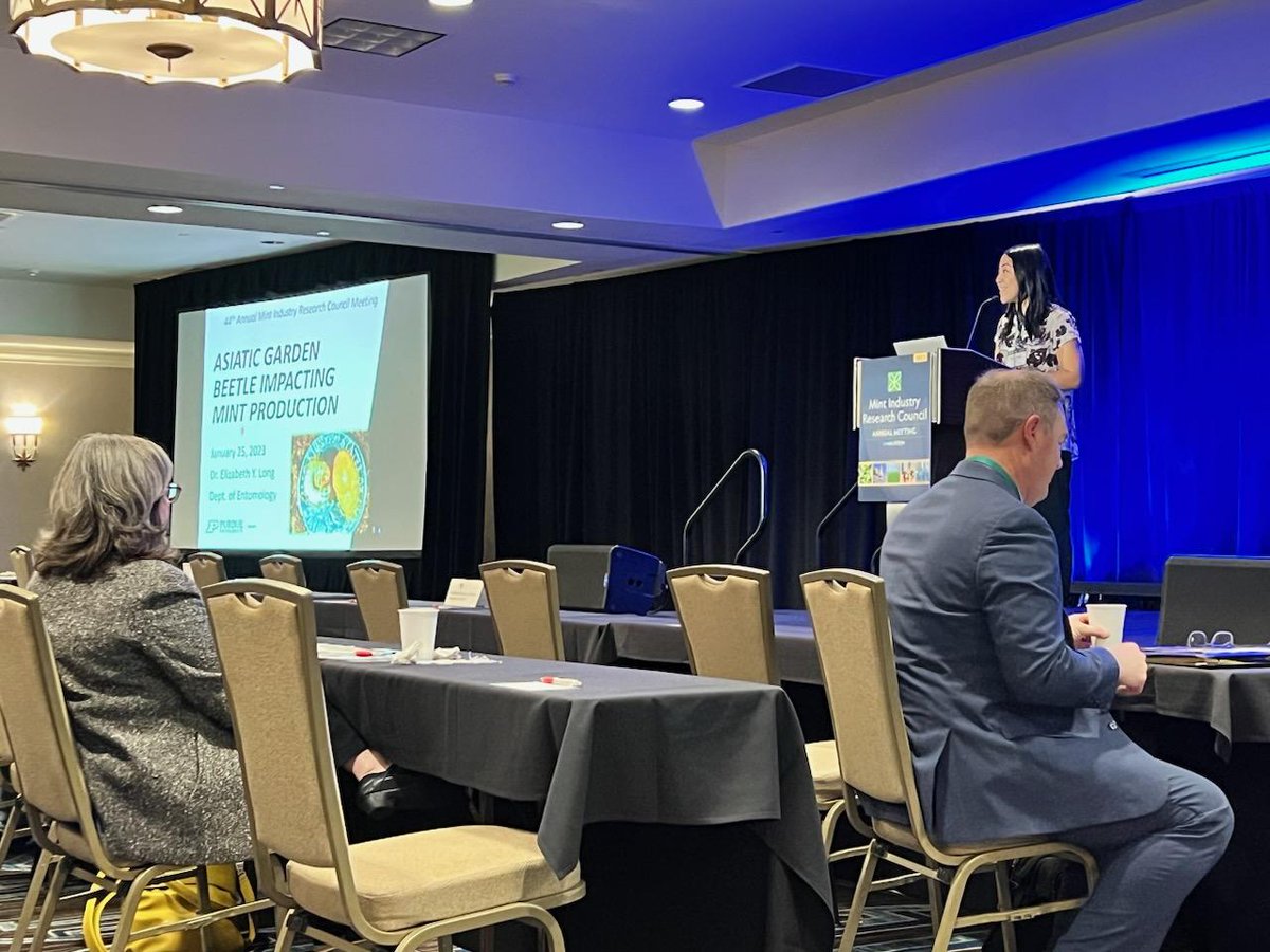 Excited to share updates on our progress helping Indiana mint growers combat the invasive Asiatic garden beetle at the 2023 Mint Industry Research Council Meeting! <a href="/connorsturr/">Connor Sturr</a> <a href="/doctorDRich/">Doug Richmond</a>