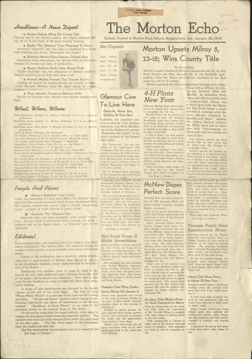 state_library's tweet photo. On this day in 1940, the Morton Echo, the Morton Memorial High School student paper, reported that the Morton Tigers won the county high school basketball tournament. https://t.co/dYtBqDTXAH #basketball #Knightstown #Indiana #OTD https://t.co/4XGbQRo5WC