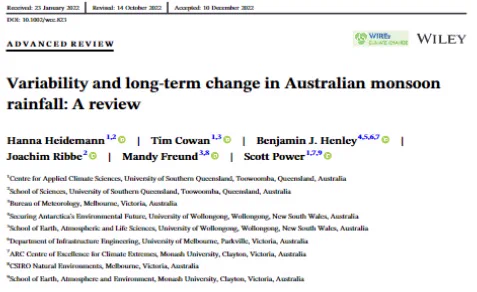 Title for 'Variability and long-term change in Australian monsoon rainfall: A review' by Hanna Heidemann, Tim Cowan, Benjamin J. Henley, Joachim Ribbe, Mandy Freund and Scott Power in Wires Climate Change.