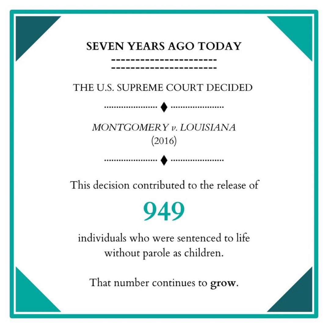 Today I'm grateful to Henry Montgomery, his legal team that believed in second chances for people convicted as children, and the justices on the Supreme Court that decided children shouldn't be sentenced to die in prison. #endLWOP #endJLWOP