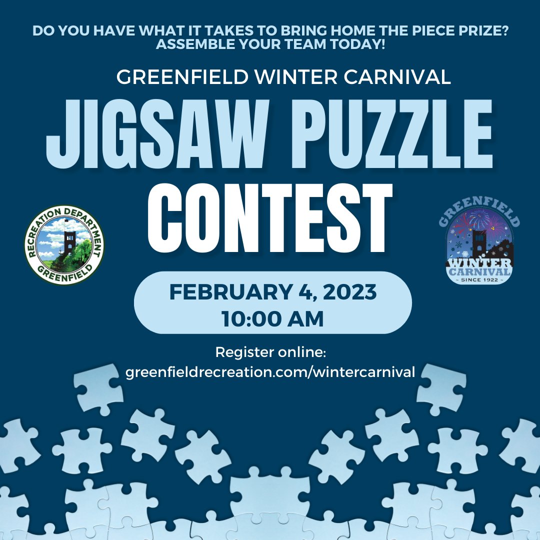 Join us for our Greenfield Winter Carnival Jigsaw Puzzle contest!  Compete for the coveted Piece Prize. Assemble your team &amp; register today! ❄️🧩❄️
Rules and registration information can be found on our website: greenfieldrecreation.com/wintercarnival…
#greenfieldwintercarnival #puzzletime