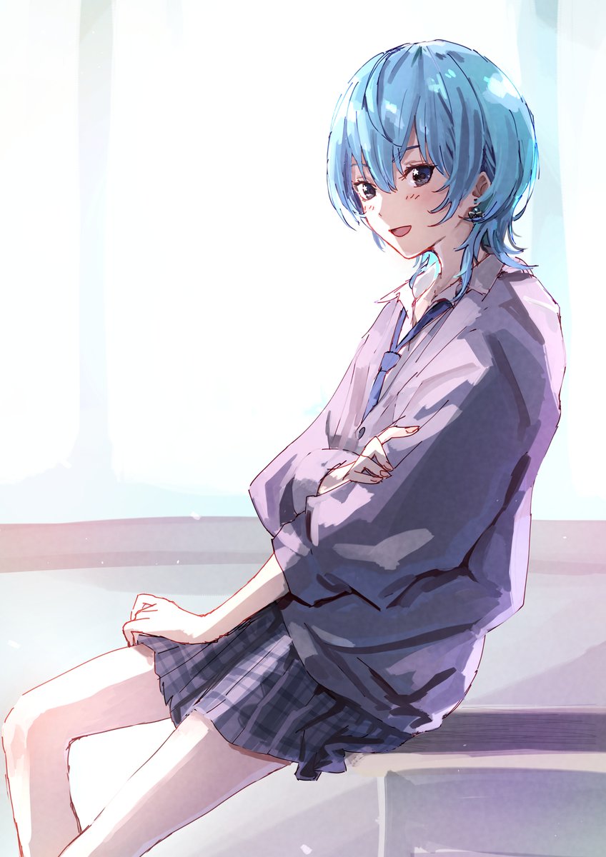 hoshimachi suisei 1girl solo blue hair skirt sitting necktie blue eyes  illustration images