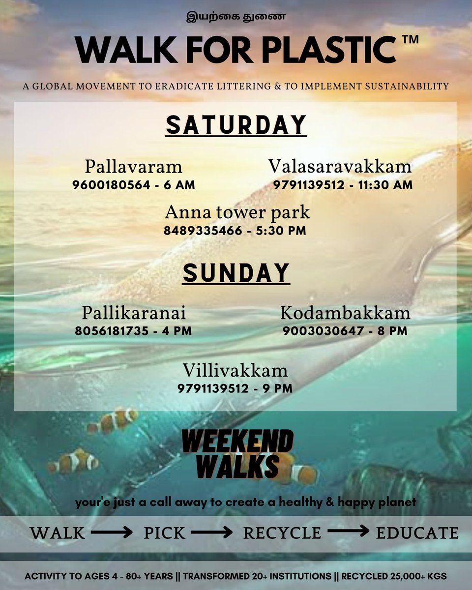 WalkForPlastic's tweet photo. Coming weekend walk plans.
Interested people, pls reach to respective organiser.

#nature #stoplittering #Awareness https://t.co/lELMDXcSwc