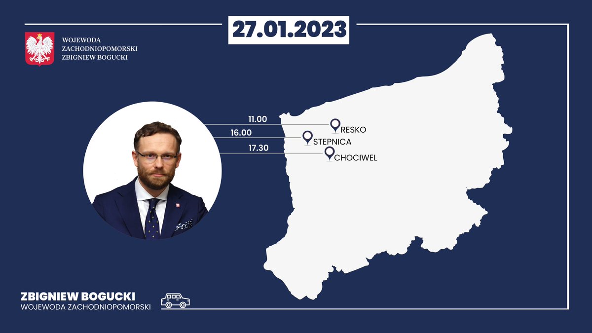zuw_szczecin's tweet photo. Wydarzenia z udziałem wojewody @BoguckiZbigniew 🗓27.1.2023
⌚11:00 - #Resko - otwarcie Centrum Opiekuńczo- Mieszkalnego
⌚16:00 - #Stepnica - wręczenie 8 medali za długoletnie pożycie małżeńskie
⌚17:30 - #Chociwel - wręczenie 14 medali za długoletnie pożycie małżeńskie https://t.co/7LiiYKthpT