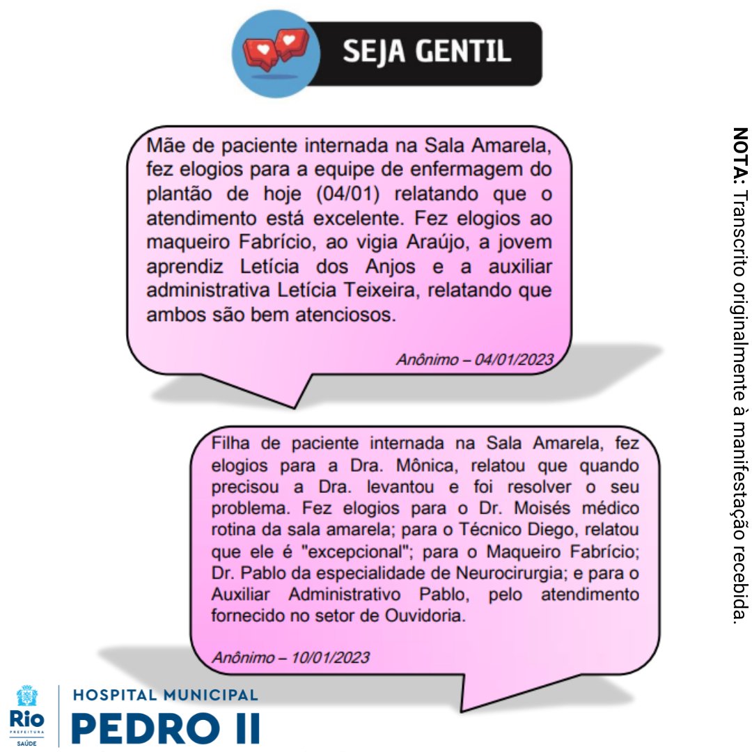 hmpedroII's tweet photo. MURAL DE ELOGIOS - HMP2

Gratos pelo reconhecimento dos usuários dos nossos serviços, e comprometidos com a valorização dos nossos profissionais, o HMPII e CER-SC adota o compartilhamento das manifestações de Elogios recebidas através dos nossos canais de comunicação.

(continua) https://t.co/nEpVr6BP8G