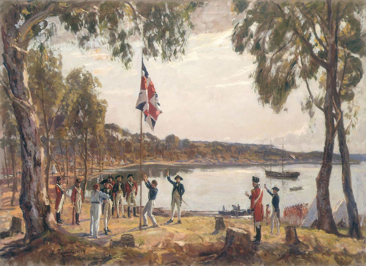#OTD - 1/26/1788 - #ArthurPhillip, who had sailed into what is now Sydney Cove with a shipload of convicts, hoisted the #British flag & ... 
1/2
#OnThisDay #TIH #AustraliaDay #Australia 
📸Raising of the British flag at the founding of the #convict settlement of #Sydney