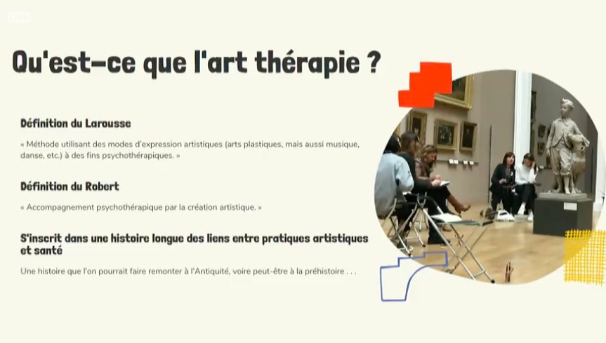 PBALille's tweet photo. 🎨Zoom sur la muséothérapie avec Leslie Labbé, autrice d'un rapport sur ce thème (OCIM, 2021) : terme né en 2016 venant d'une innovation du @mbamtl qui propose un espace dédié. #workshoppbalille2 https://t.co/gYyEEjTYv1