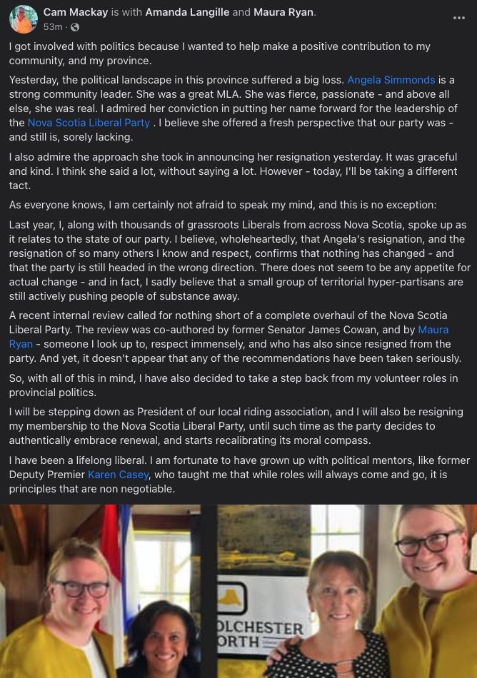 MerlynDSmith's tweet photo. This is unfortunate. Thank you to Cameron MacKay for her many contributions to @CNorthLiberals.

Thank you also to @AngelaSimmonds_ for her service to Nova Scotia.

#cbpoli #nspoli #cdnpoli https://t.co/rEHY96o2SV