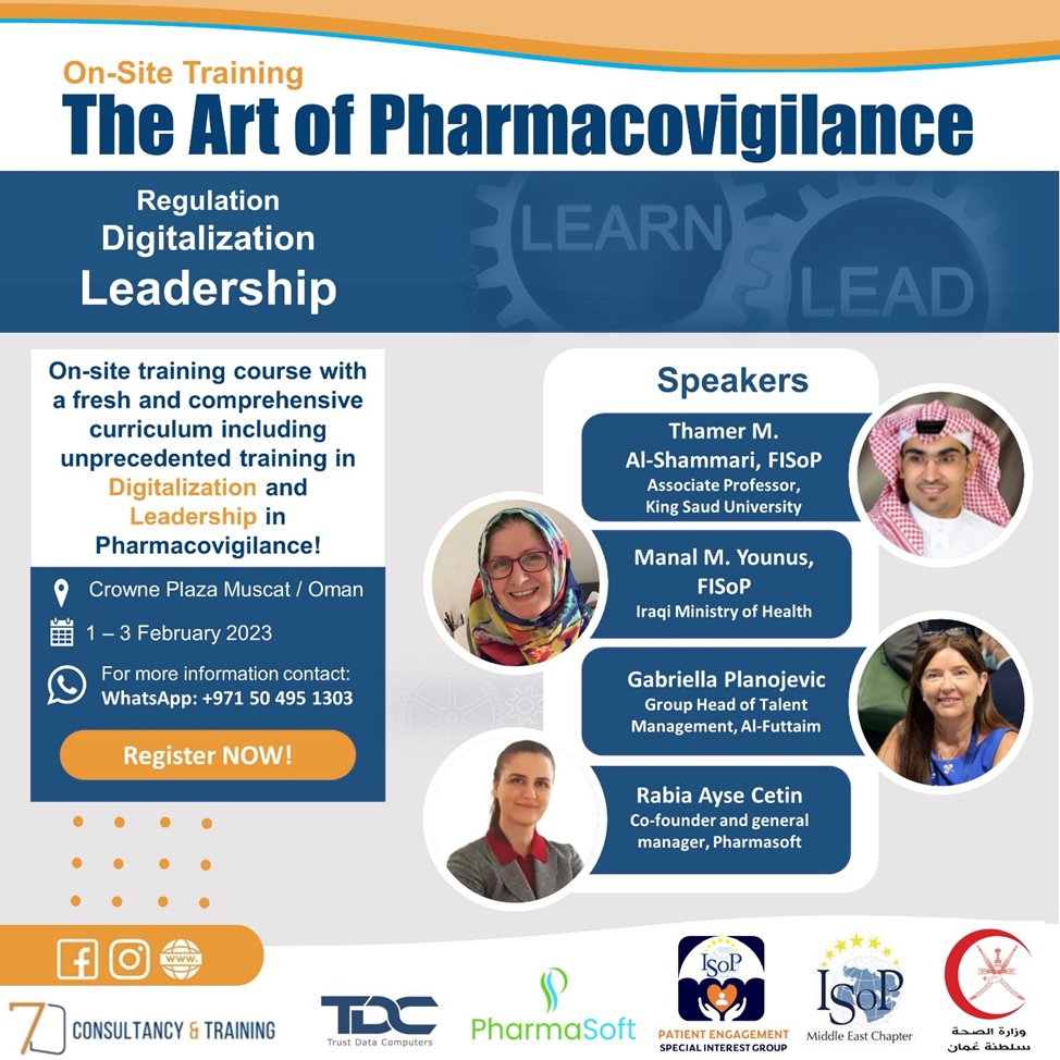 ISoPonline's tweet photo. Join us in our professional pharmacovigilance training course "The Art of Pharmacovigilance: Regulation, Digitalization, and Leadership" this 1-3 February 2023 | Crowne Plaza Muscat, Oman (in-person).

More info and registration here: https://t.co/tzo0aOrT6i

#Pharmacovigilance https://t.co/7JJet6FSA8