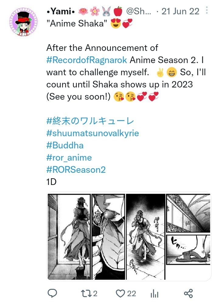 Shaka8Yami's tweet photo. "ROR II"

 After 220 days of waiting 🥰🥰🥰💞💞💞💞Finally, it's here‼️🤩🤩🥳  Thank you all!  😭🙏💞💞💞

Enjoy! 😍😍😍😘😘💞💞💞💞
#Netflix
#RecordofRagnarok
#終末のワルキューレ 
#shuumatsunovalkyrie
#Buddha
#ror_manga
#ror_anime
#RORSeason2
#220D https://t.co/javYWXfxUa