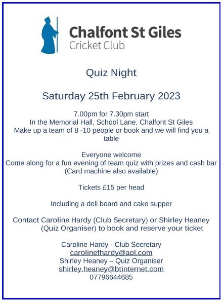 Chalfont St Giles (@stgilesvillage) on Twitter photo Who doesn't love a quiz night?
Come and join the fun at <a href="/CSG_CC/">Chalfont St Giles CC</a> on Saturday 25 February! Who doesn't love a quiz night?
Come and join the fun at <a href="/CSG_CC/">Chalfont St Giles CC</a> on Saturday 25 February!
