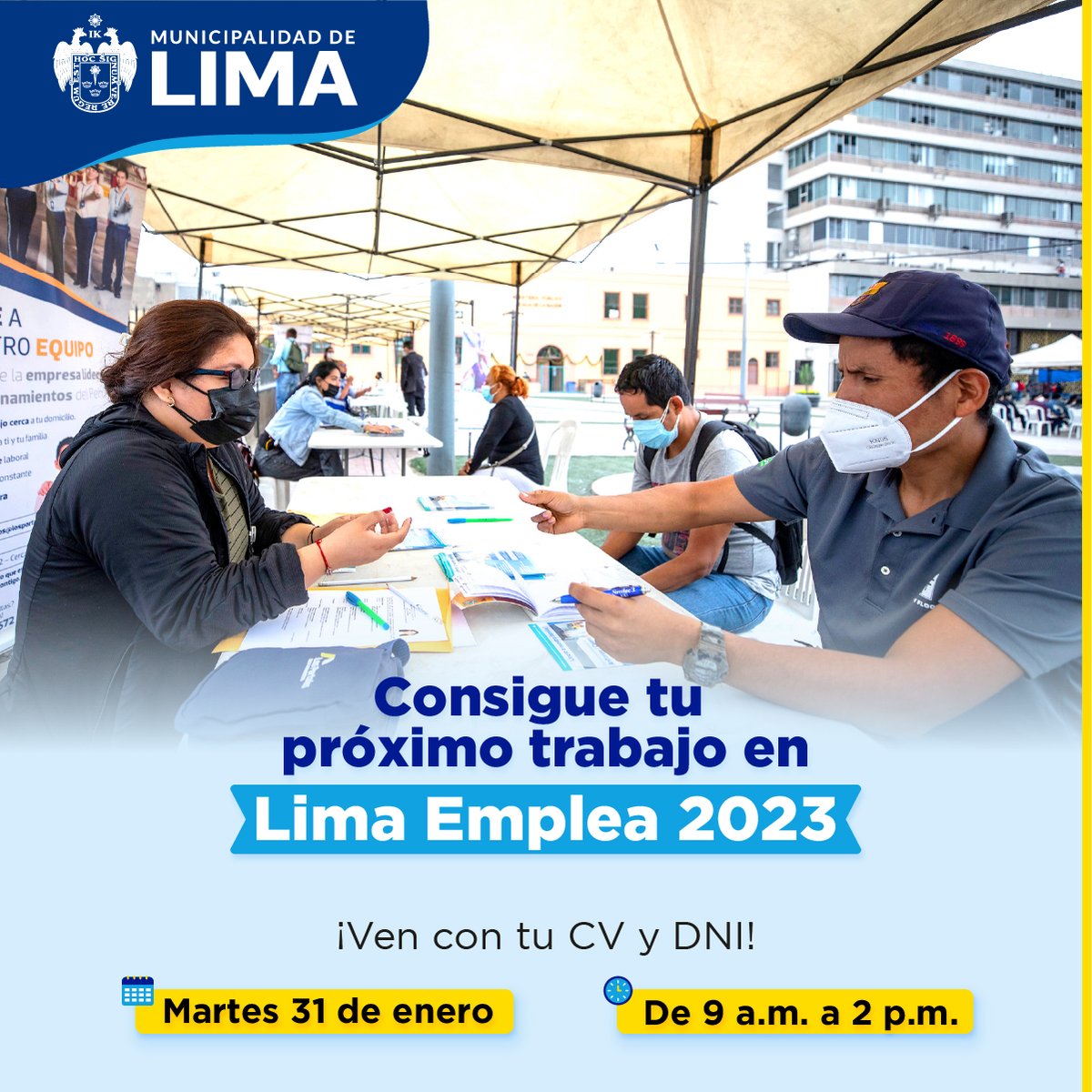 MuniLima's tweet photo. ¡Nos vemos el martes 31 de enero en #LimaEmplea2023! Ven con tu CV actualizado y DNI a nuestra feria laboral, donde encontrarás más de 1500 puestos de trabajo. 

⏰ De 9 a.m. a 2 p.m.
📌 Alameda 28 de julio, cruce entre las avenidas Garcilaso de la Vega y Arequipa, en el Cercado. https://t.co/zkup8Hpteq