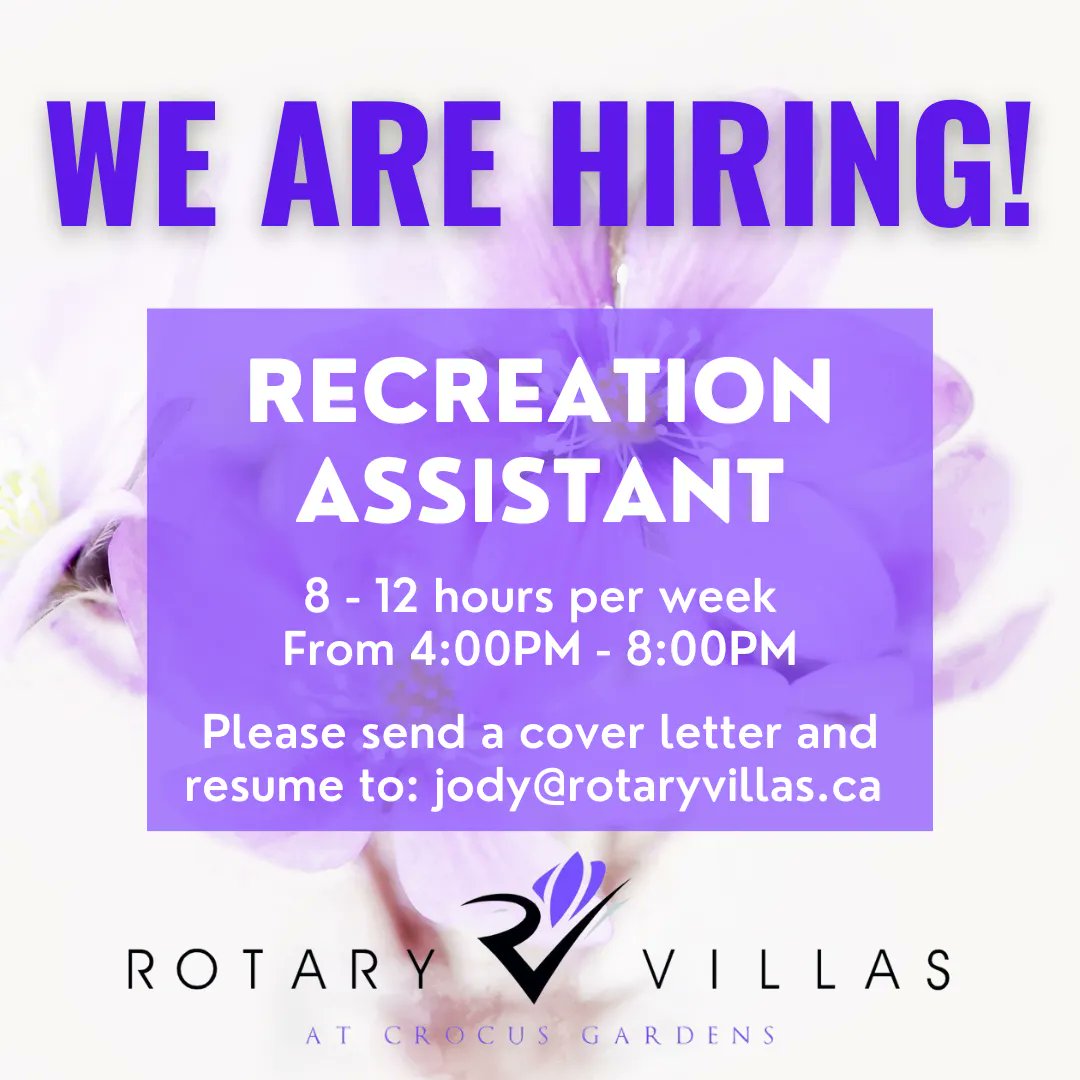 RotaryVillasBdn's tweet photo. **Shares appreciated!**

We are looking to hire a Recreation Assistant to help out 2 - 3 evenings per week, 4pm - 8pm. 

If you are interested in playing games and hosting events for our residents, apply today! 

Please send your cover letter and resume to jody@rotaryvillas.ca https://t.co/iZNTlGJjzO