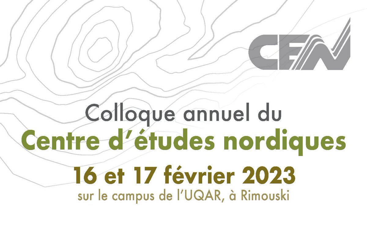 N'oubliez pas de vous inscrire pour assister au colloque du CEN!!
La date limite est le 31 janvier 2023.

📅📍Le colloque se tiendra les 16 et 17 février 2023 en présentiel sur le campus de l’UQAR 

➡️ infos et inscriptions: cen.ulaval.ca/page.php?lien=…