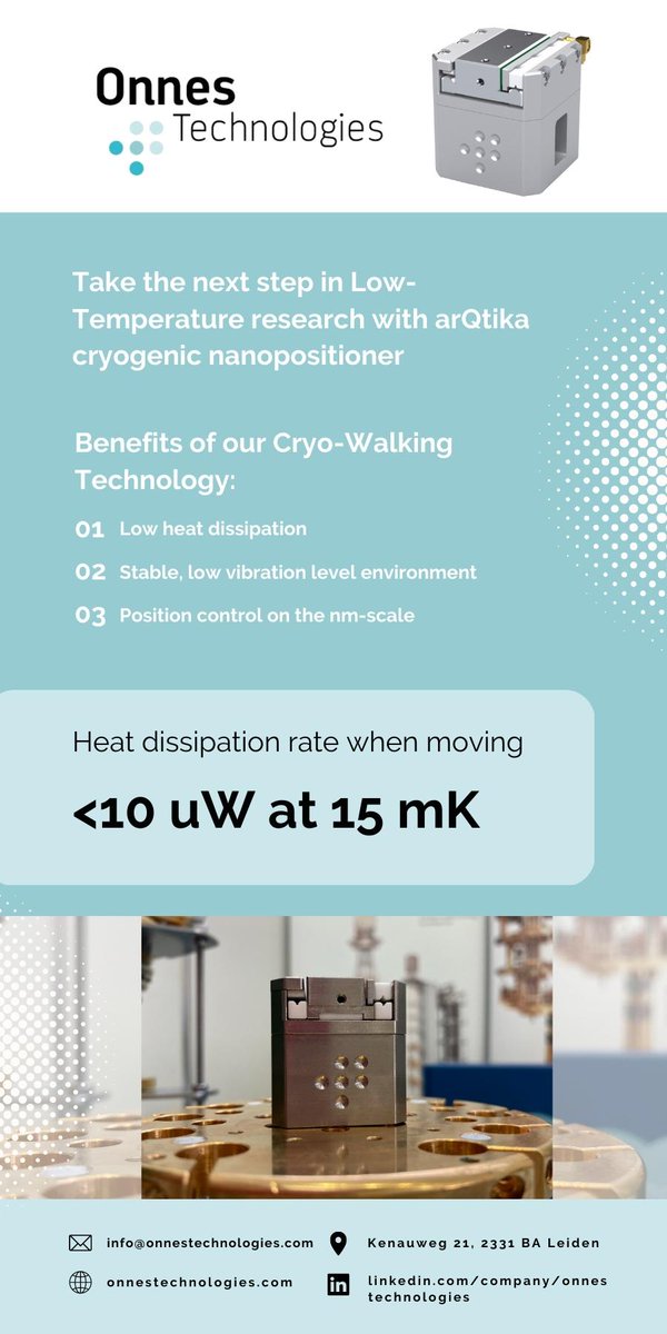 OnnesTech's tweet image. The arQtika cryogenic nanopositioner from Onnes Technologies enables advances in quantum materials research by maintaining milli-Kelvin temperatures during experimentation. 

➡️ Learn more in our whitepaper: onnestechnologies.com/whitepaper-low…