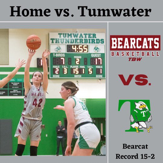 GAME DAY! Tumwater comes into the Mint City tonight for a big EvCo 2A matchup! JV starts at 5:30 and varsity is at 7. Come out and support your Bearcats! #TBW