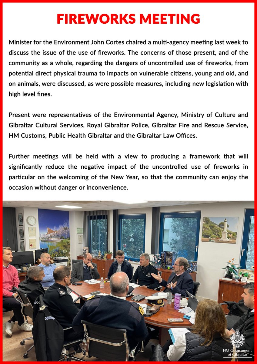 Minister for the Environment John Cortes chaired a multi-agency meeting last week to discuss the issue of the use of fireworks.