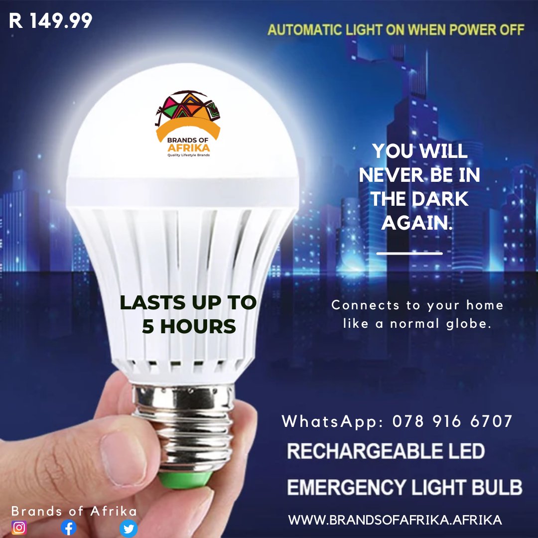 brandsofafrika's tweet image. Emergency Back Up Lights

Switches On when your power goes off.
Fits like a normal household globe. 
R 149.99 for 1.
R 289.99 for 2.
R 429.99 for 3.
R 699.89 for 5.

Free Delivery in Pretoria when you buy 3 or more &amp;amp; R100 outside Pretoria. 

Order via WhatsApp on 078 916 6707.