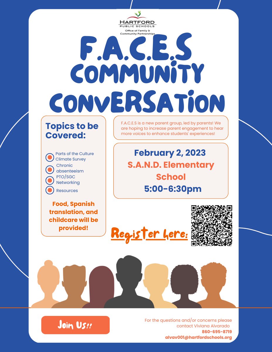 F.A.C.E.S is an HPS parent group increasing #parentengagement to hear more voices to enhance student experience. Join us for a Community Conversation, 2/2/23: 5-6:30pm, S.A.N.D. School, 1750 Main St. Food, Spanish translation &amp;, and childcare! tinyurl.com/bde2dvzk
