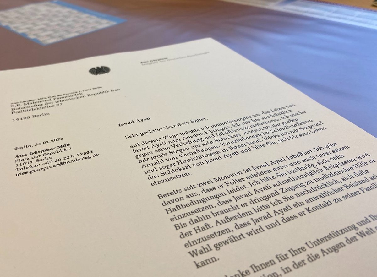 Mein politischer Pate &amp; Aktivist im #Iran, #JavadAyati, ist seit 2 Monaten inhaftiert &amp; wird nach Berichten auch gefoltert. Ich habe deshalb erneut einen Brief an den iranischen Botschafter geschrieben, nachdem ich bislang keine Rückmeldung, mit Bitte um Freilassung von Ayati.