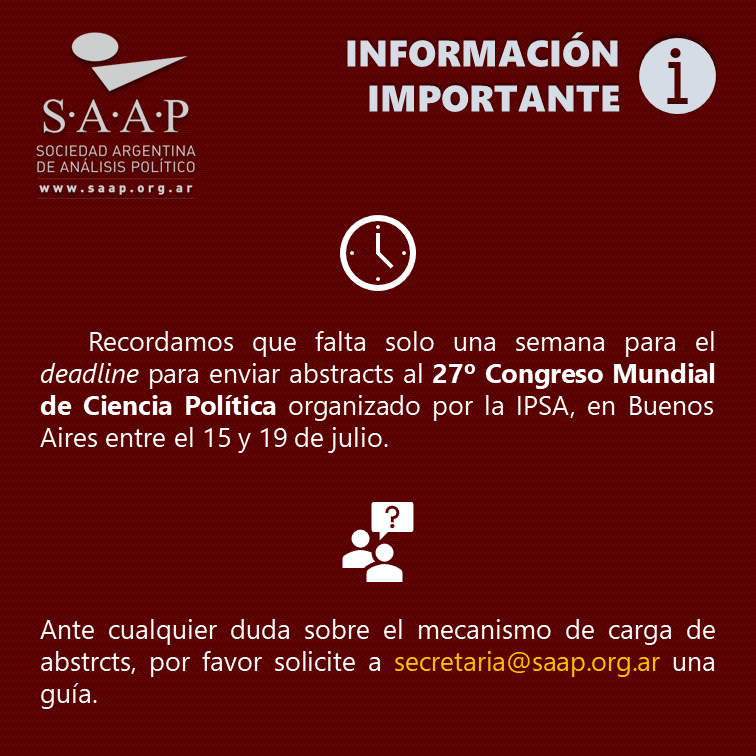RedSAAP's tweet photo. El 01 FEB termina el plazo para postular abstracts ante el 27º Congreso Mundial de Ciencia Política, ¡no se lo pierdan!

Si necesitan ayudan relativa a la carga de abstracts pueden pedir la guía a secretaria@saap.org.ar https://t.co/IHtzg9McID