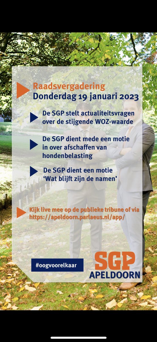 Vanavond is er raadsvergadering. De SGP dient mede een motie in over de afschaffing van hondenbelasting en een motie over het adopteren van de namen van de naar Auschwitz weggevoerde cliënten en medewerkers van Het Apeldoornse Bos. We zien uit naar een goede vergadering.