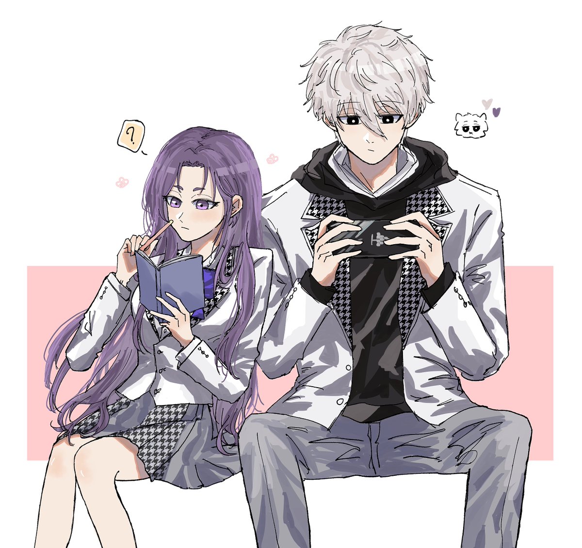 1girl 1boy purple hair skirt long hair purple eyes jacket  illustration images