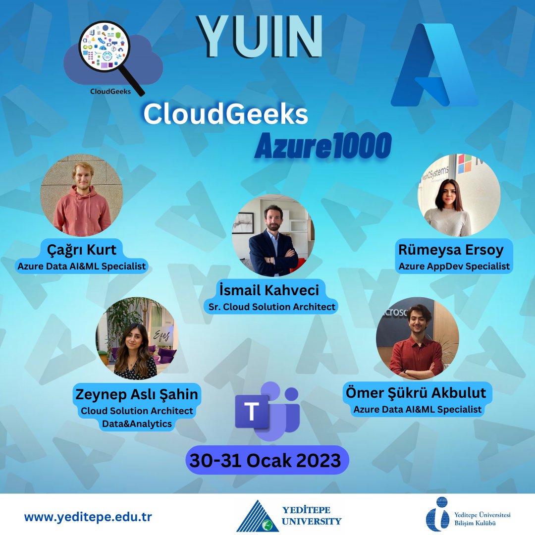30-31 Ocak günlerinde, Hocalarımızın değerli anlatımları ile genç mühendis adaylarını Microsoft #Azure #AI, #ML,#Application, #AppDev, ve #Analytics servisleri hakkında bilgilendirip tecrübelerimizi aktaracağız. 🚀

Kayıt ve daha fazla bilgi için: instagram.com/yuinformatics/