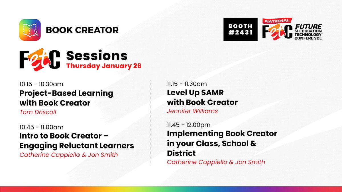 It's the FINAL day of #FETC and we've still got some sessions to come!

Come join <a href="/TomDriscollEDU/">Tom Driscoll</a>, <a href="/BookCreator_Cat/">Catherine Frank</a>, <a href="/theipodteacher/">Jon Smith</a> and <a href="/writeright_now/">Dr. Jennifer Williams</a> for a 15-minute presentation and bag yourself a FREE 6-month upgrade!

See you soon 🥳